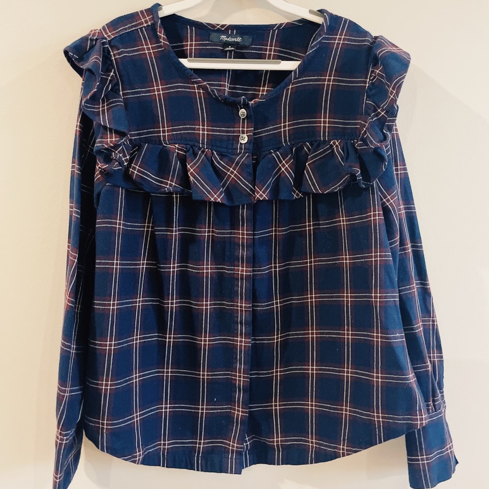 Madewell Small Ruffle Yoke Top Navy Plaid 0688